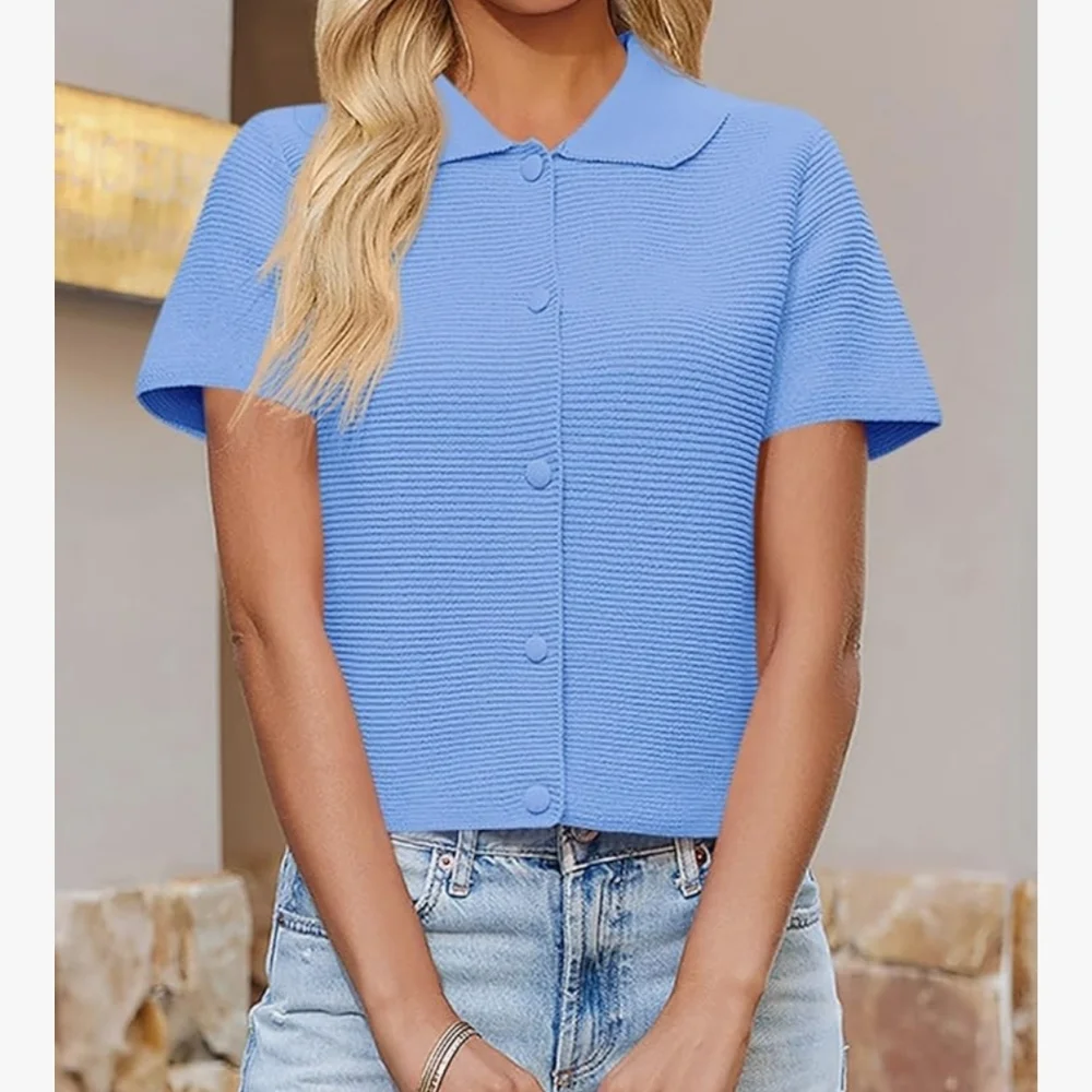 Saodimallsu Womens Short Sleeve Cropped Button Down Lightweight Cardigan - NWT